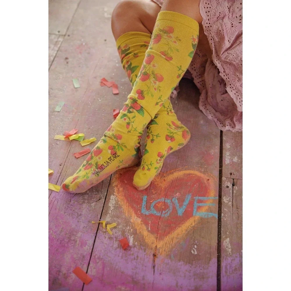 Magnolia Pearl Yellow Strawberry Floral Knee High Socks Slouchy Boho NWT